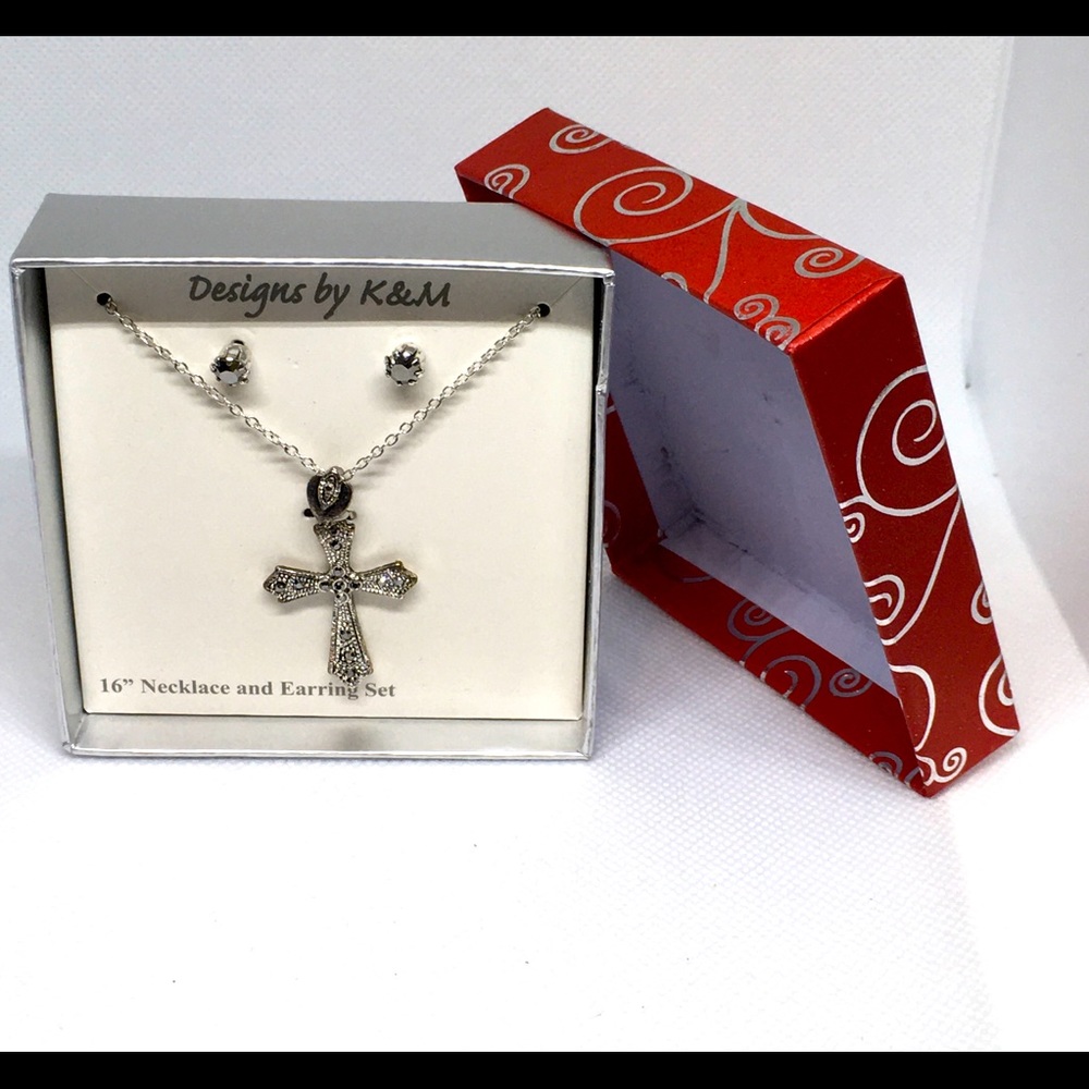 K & M Christian Set, Marcasite, NIB, Cross Necklace, Marcasite Stud Earrings